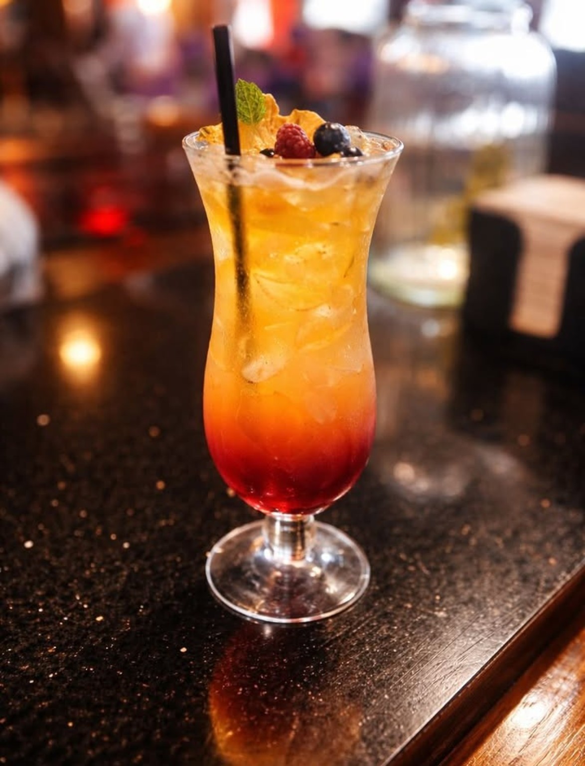 Citrus cocktail over ice, garnished with lime and a cherry